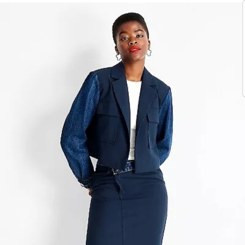 2pcWomen's Contrasting Denim Ankle Skirt & Matching Denim Jacket Navy Blue